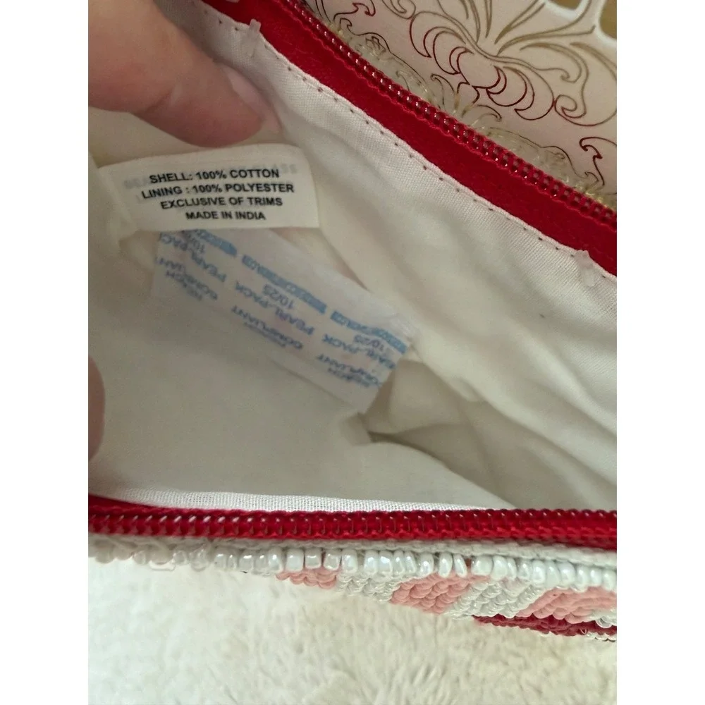 NWT Viral Cherries Stripes Beaded Pouch, Handmade India, tassel, Pink, White,Red